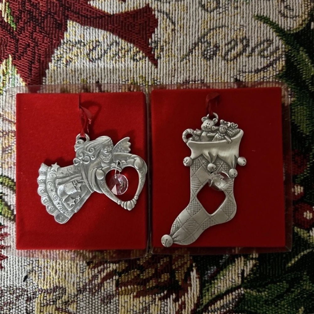 VTG, Lindsay Claire Fine Pewter Christmas Ornaments. Set of 2. Angel & Stocking.